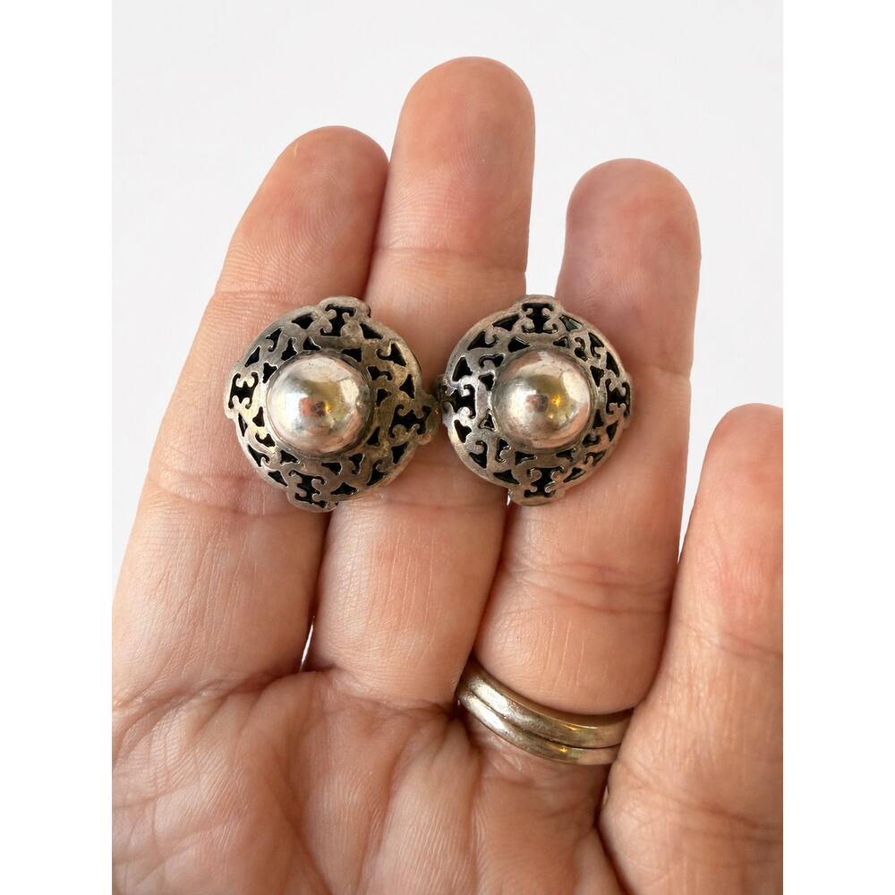 Sterling Silver 925 Filigree Shadowbox Screw Back Earrings Hecho Mexico Vintage - Picture 8 of 10